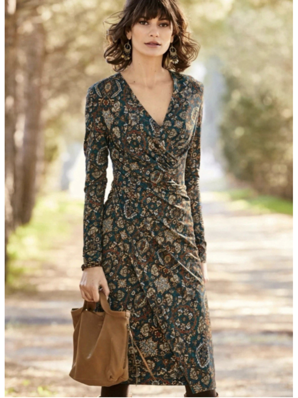 Peruvian Connection Ariana Faux Wrap Midi Dress L Boho Chic Aztec Dark Romantic